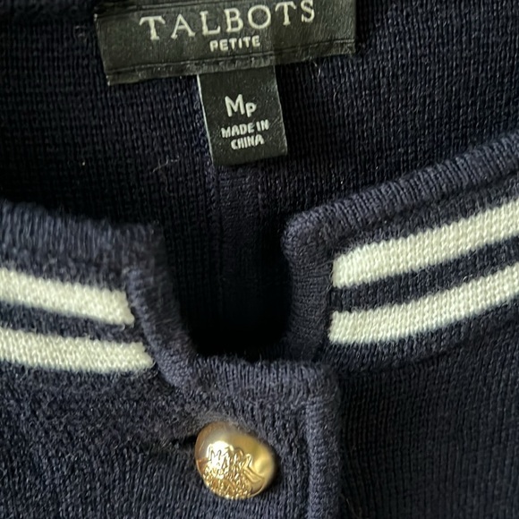 Talbots New no Tag Petite M Navy Stripe Trim Cardigan “Lady Jacket” Cotton Silk - Picture 3 of 8
